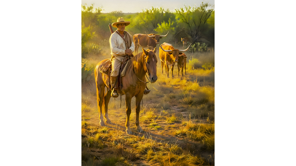Vaquero Guarding Longhorn Cattle Fine Art Print – South Texas Western Giclée (19th Century)