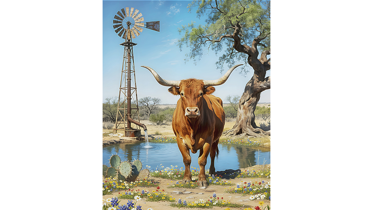 Texas Longhorn Water Hole Windmill Ranch Wall Art Print Rustic Western Decor