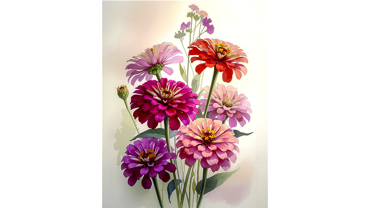 Zinnia Botanical Watercolor Giclee Print Contemporary Floral Garden Wall Art Colorful Home Decor