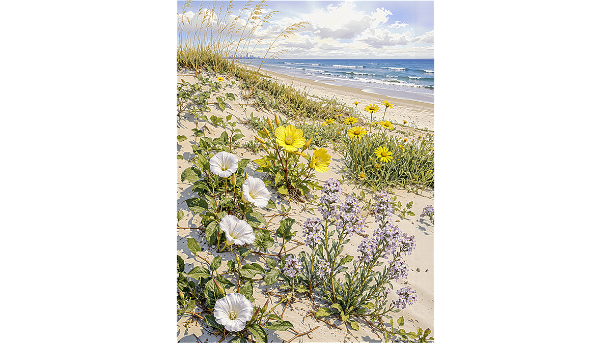 South Padre Island Wildflowers Botanical Giclée Art Print – Texas Coastal Dune Landscape