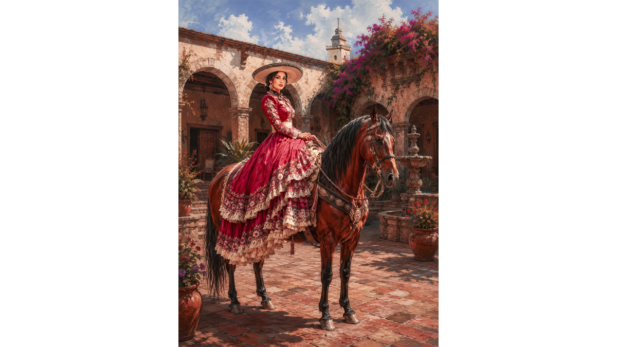 Hacendada Escaramuza Horsewoman Giclee Art Print Mexican Hacienda Equestrian Colonial Courtyard Decor